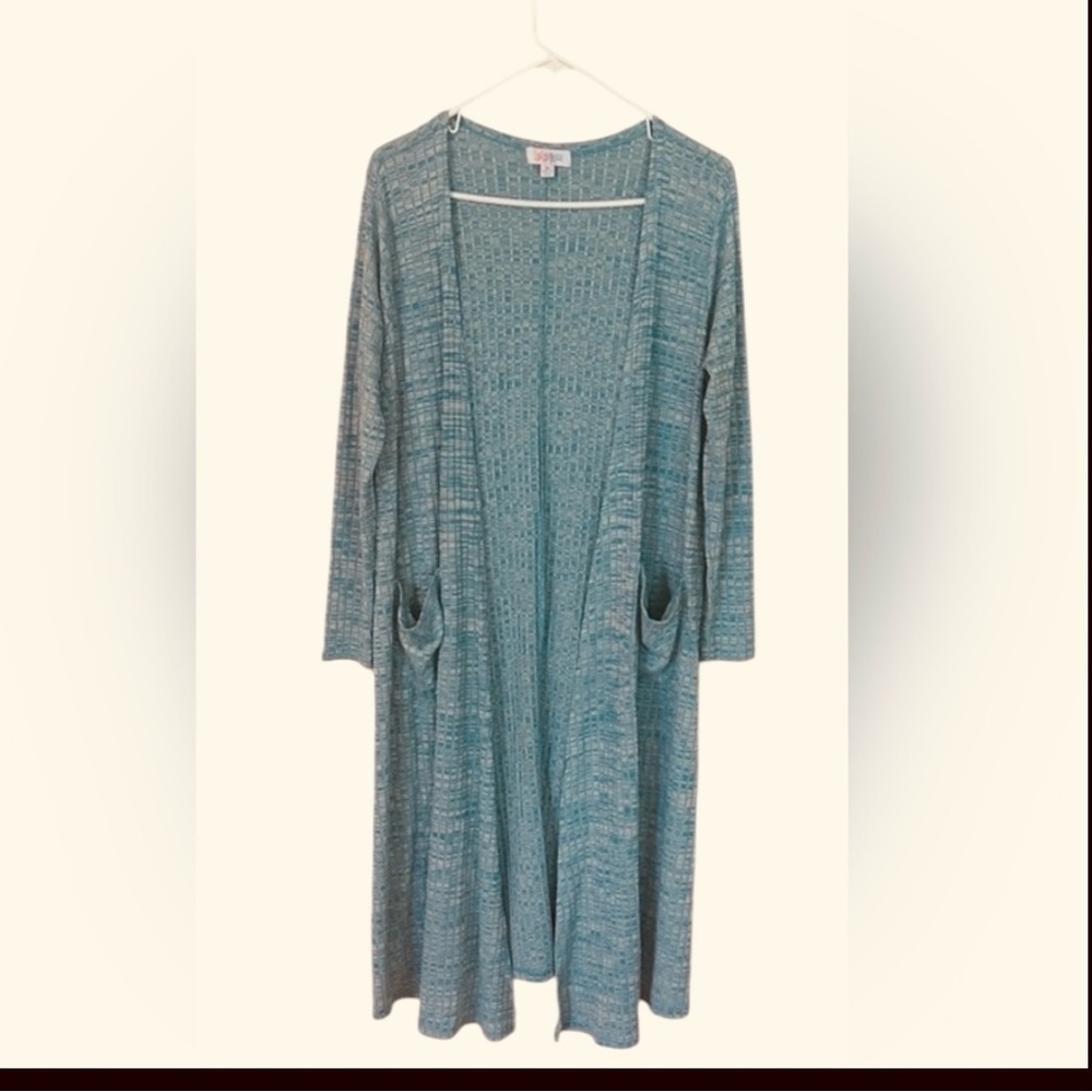 Lularoe Longline Cardigan Size Medium Heathered Teal Knit Front Pockets Cozy